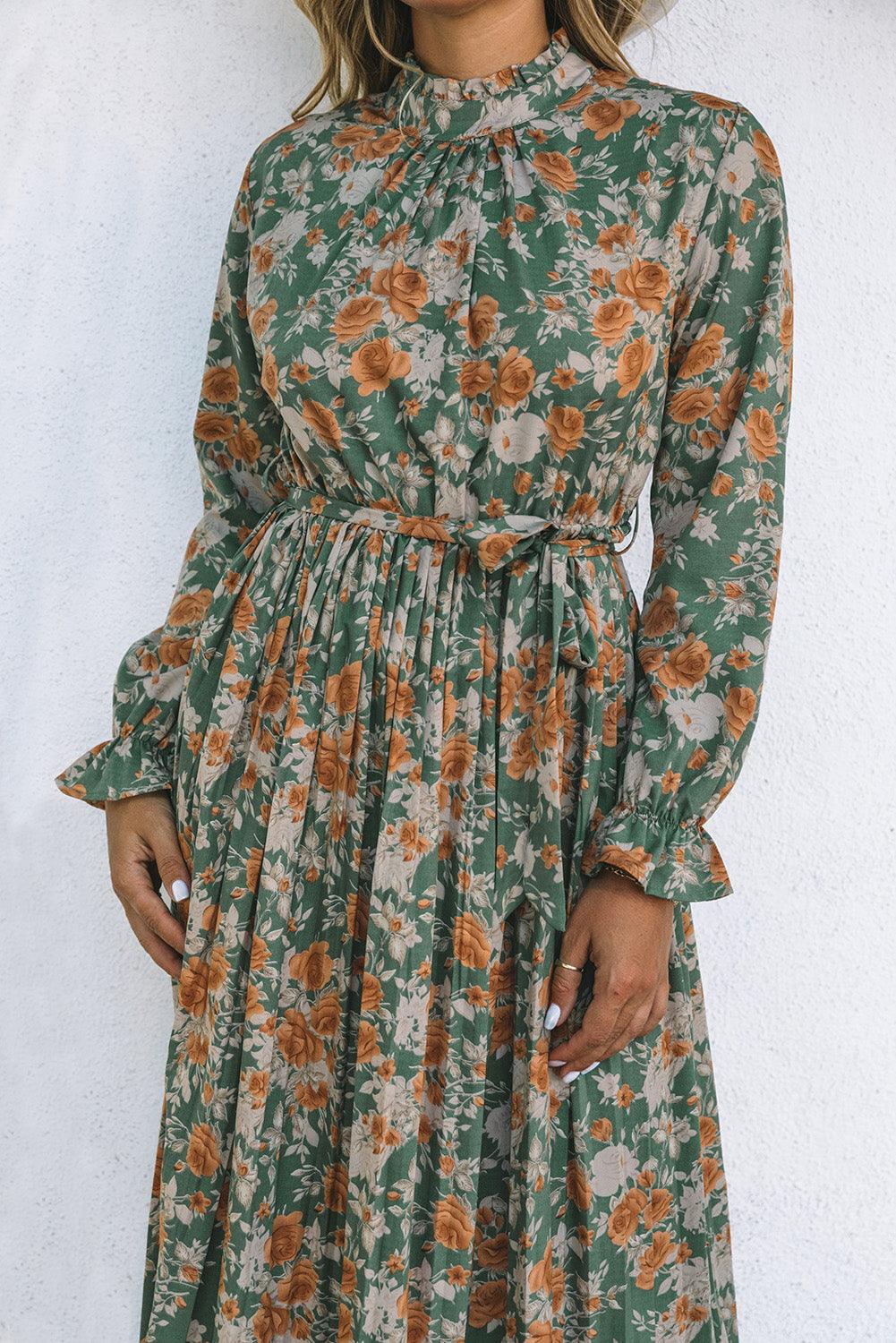 Geplooide Maxi Bloemenjurk met Strik - Floral Dresses - Jurkjes.co