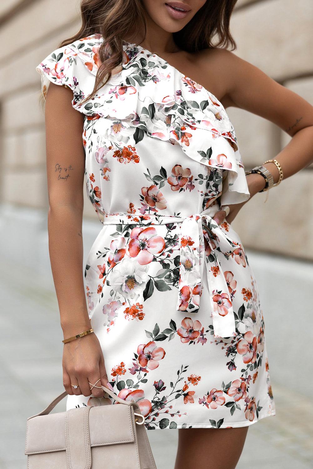 Gerafelde Schouderjurk met Hoge Taille - Floral Dresses - Jurkjes.co