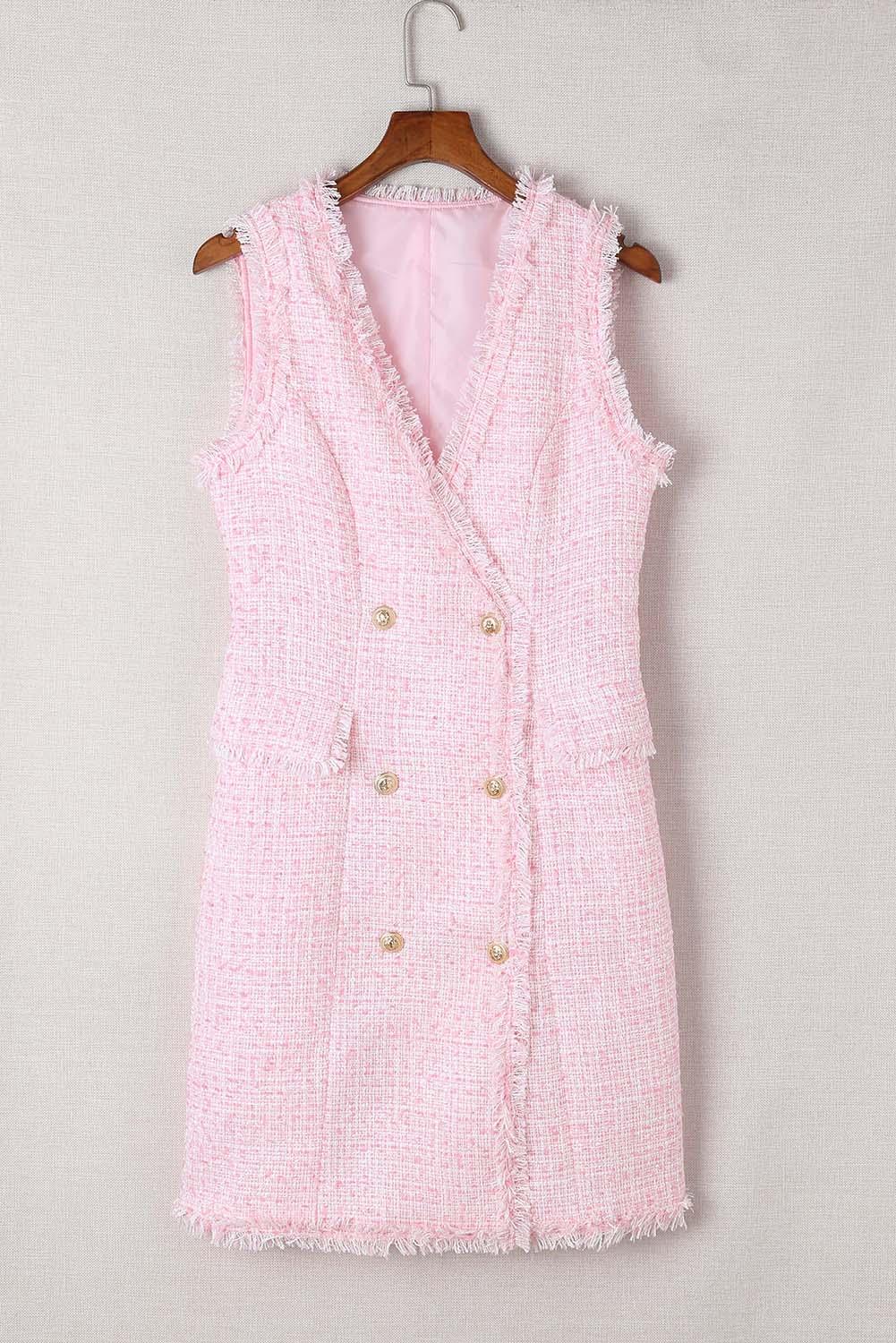 Gerafelde Tweed Vestjurk met Dubbele Knopen - Mini Dresses - Jurkjes.co