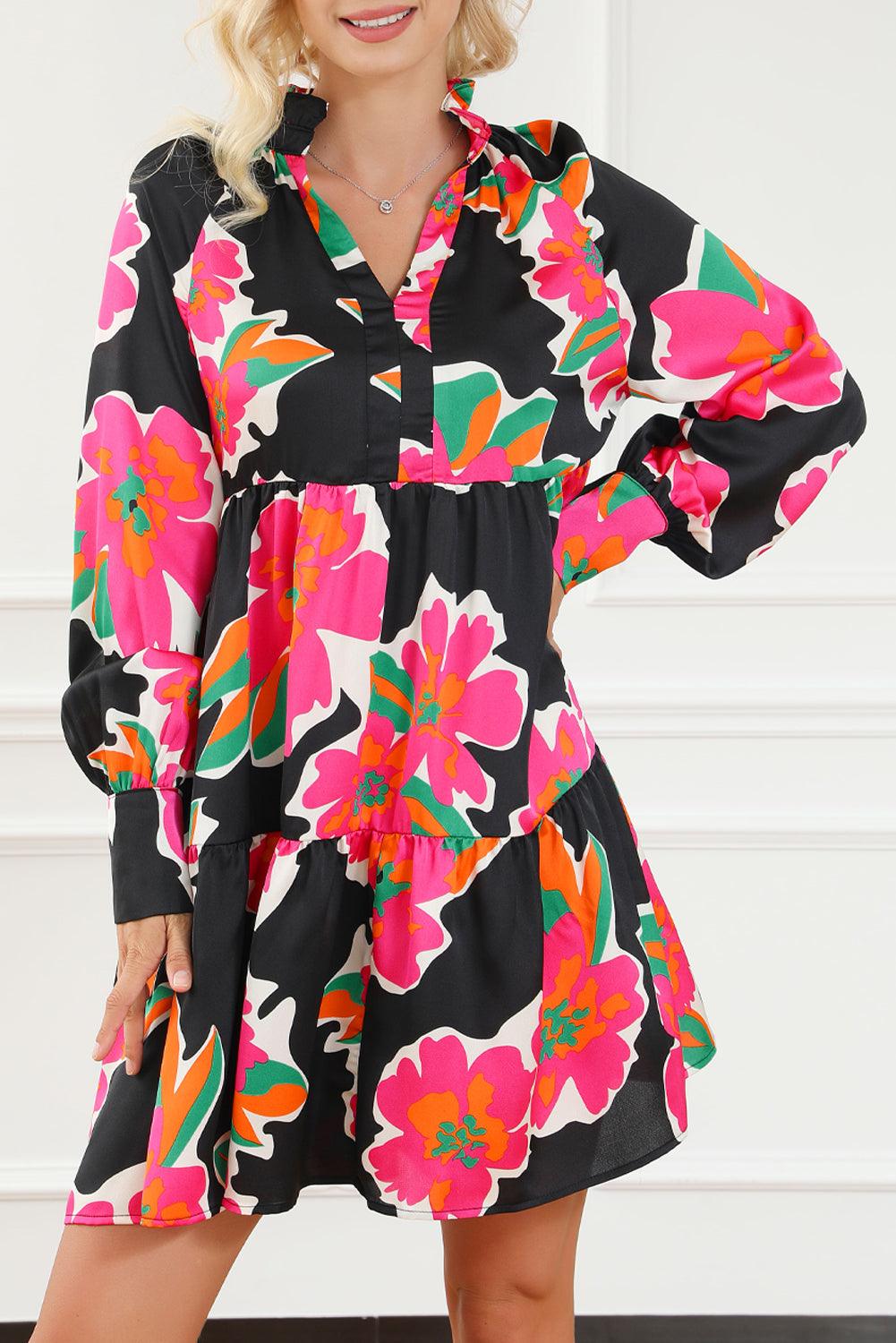 Geraffineerde Split-Hals Bloemenjurk met Lange Mouwen - Floral Dresses - Jurkjes.co