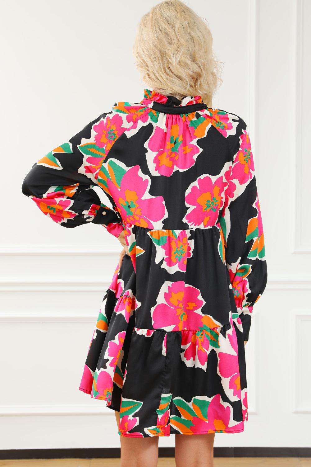 Geraffineerde Split-Hals Bloemenjurk met Lange Mouwen - Floral Dresses - Jurkjes.co