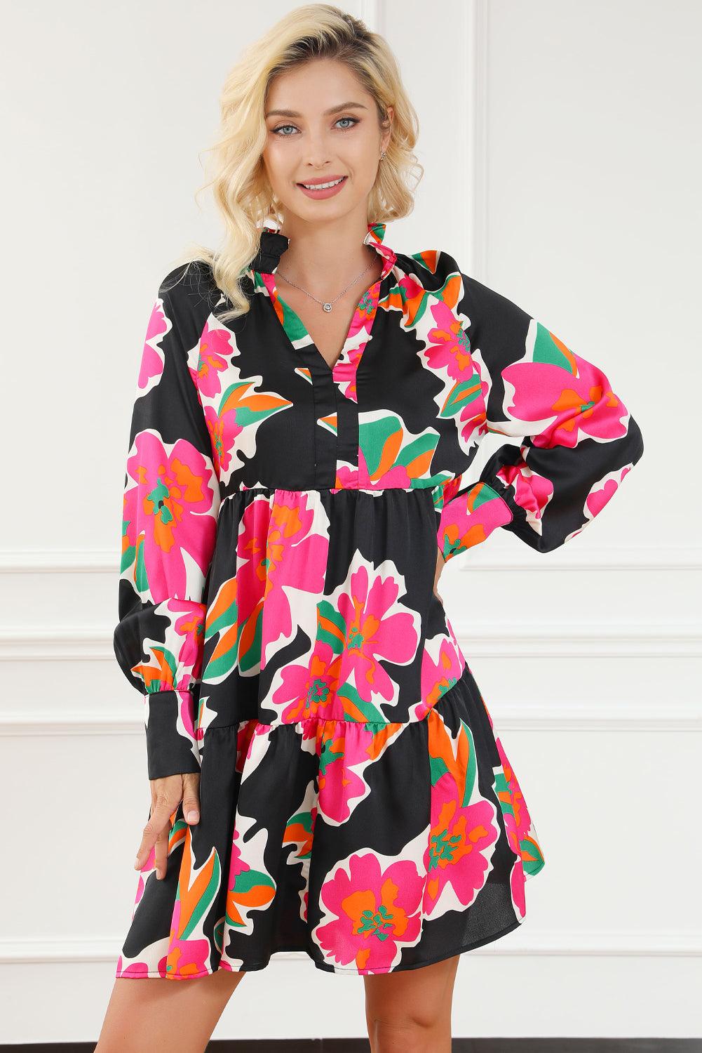 Geraffineerde Split-Hals Bloemenjurk met Lange Mouwen - Floral Dresses - Jurkjes.co