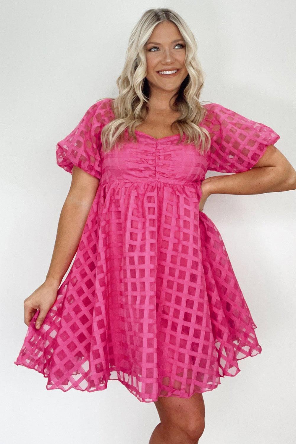 Geruite Babydoll Jurk met Pofmouwen - Mini Dresses - Jurkjes.co