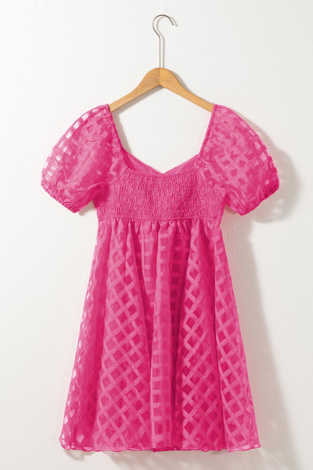 Geruite Babydoll Jurk met Pofmouwen - Mini Dresses - Jurkjes.co