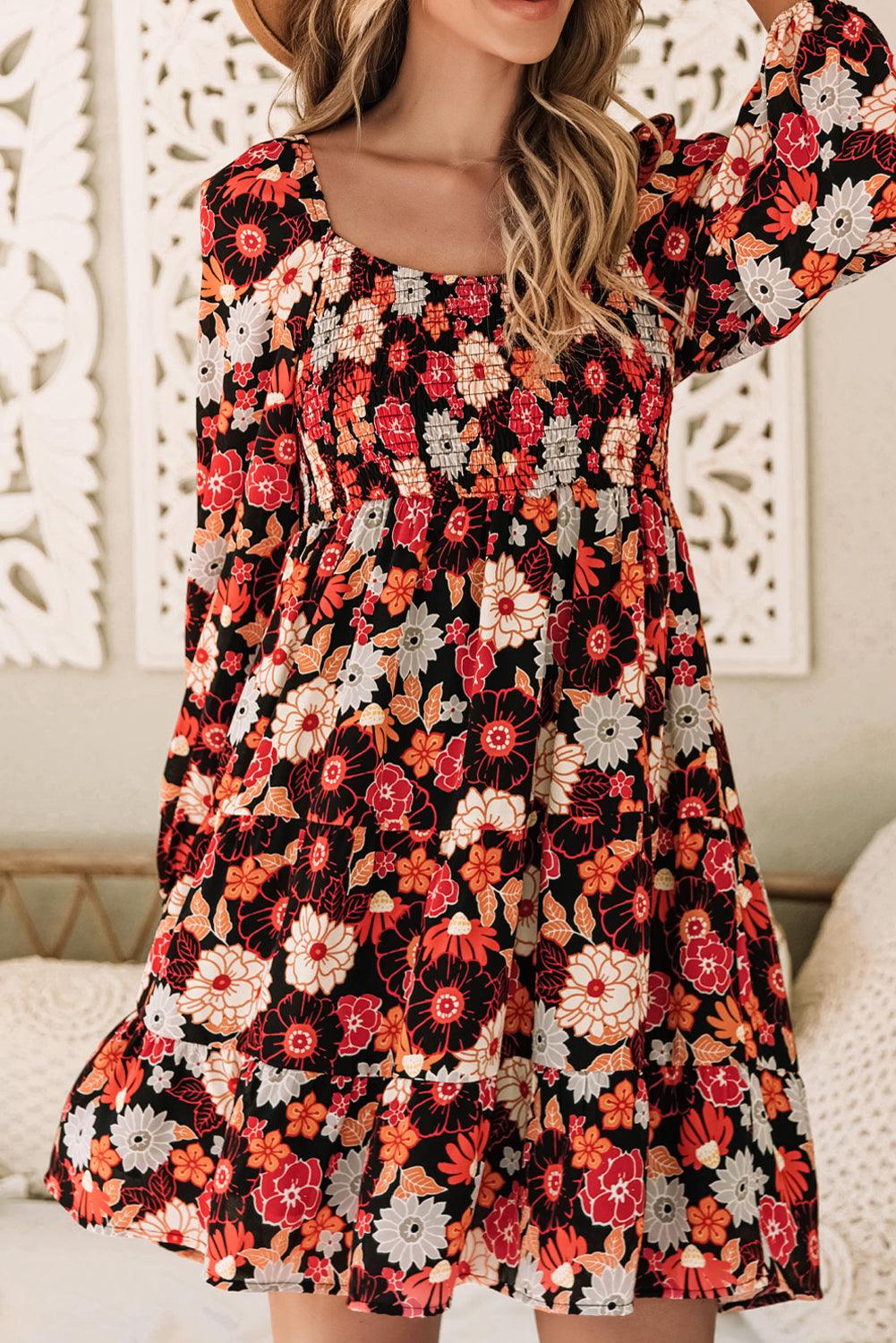 Gesmokte Bloemenjurk met Lange Mouwen - Floral Dresses - Jurkjes.co