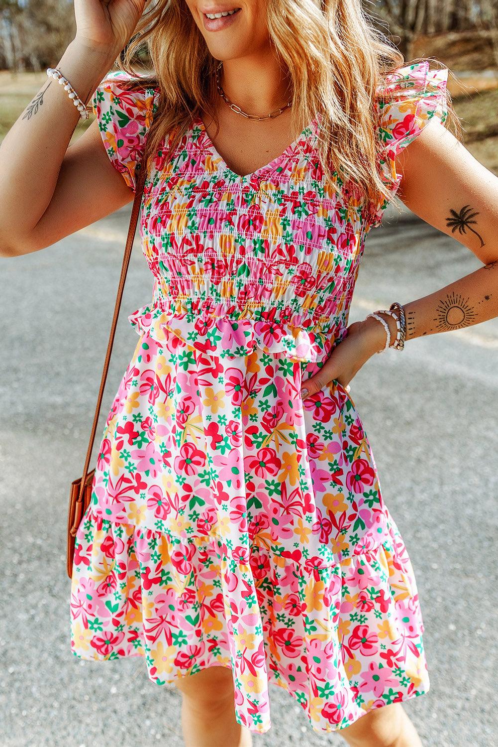 Gesmokte Jurk met Bloemen en Ruches - Floral Dresses - Jurkjes.co