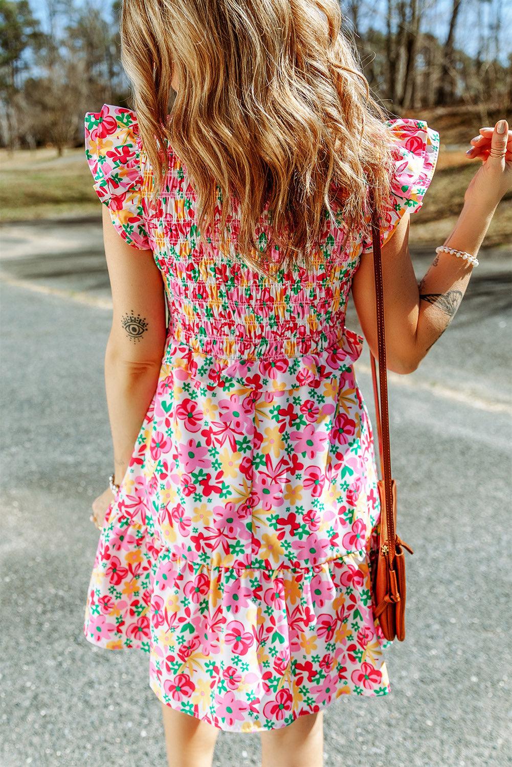 Gesmokte Jurk met Bloemen en Ruches - Floral Dresses - Jurkjes.co