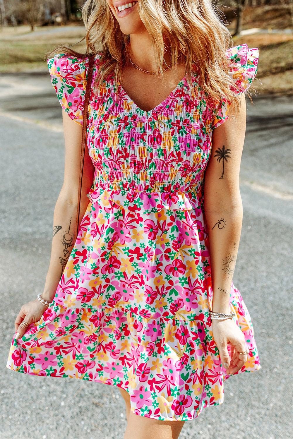 Gesmokte Jurk met Bloemen en Ruches - Floral Dresses - Jurkjes.co