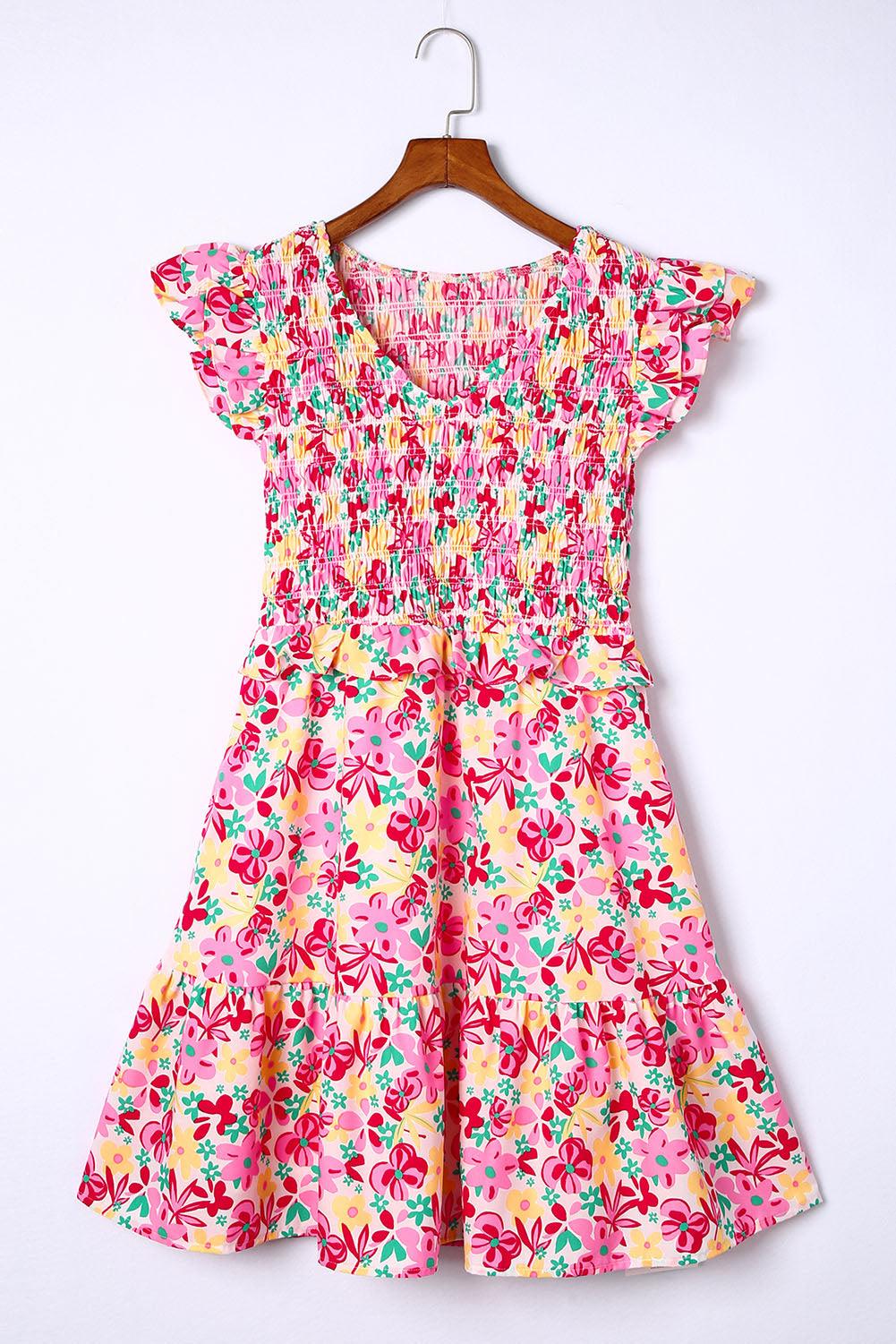 Gesmokte Jurk met Bloemen en Ruches - Floral Dresses - Jurkjes.co