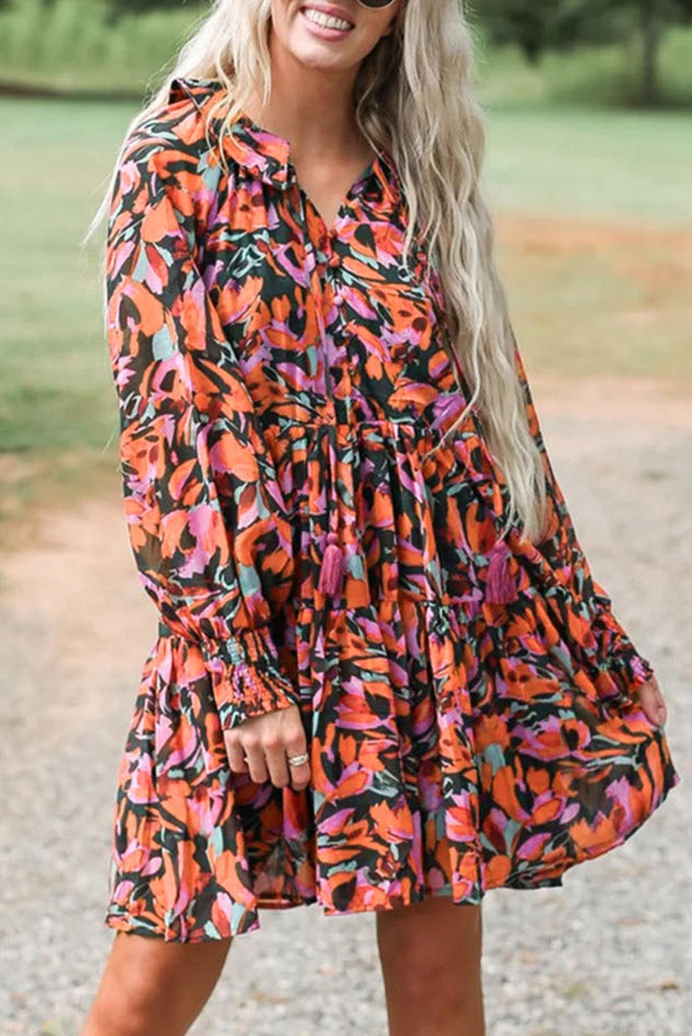 Gesmokte Mini Jurk met Bisschopsmouwen en Kwastjes - Floral Dresses - Jurkjes.co