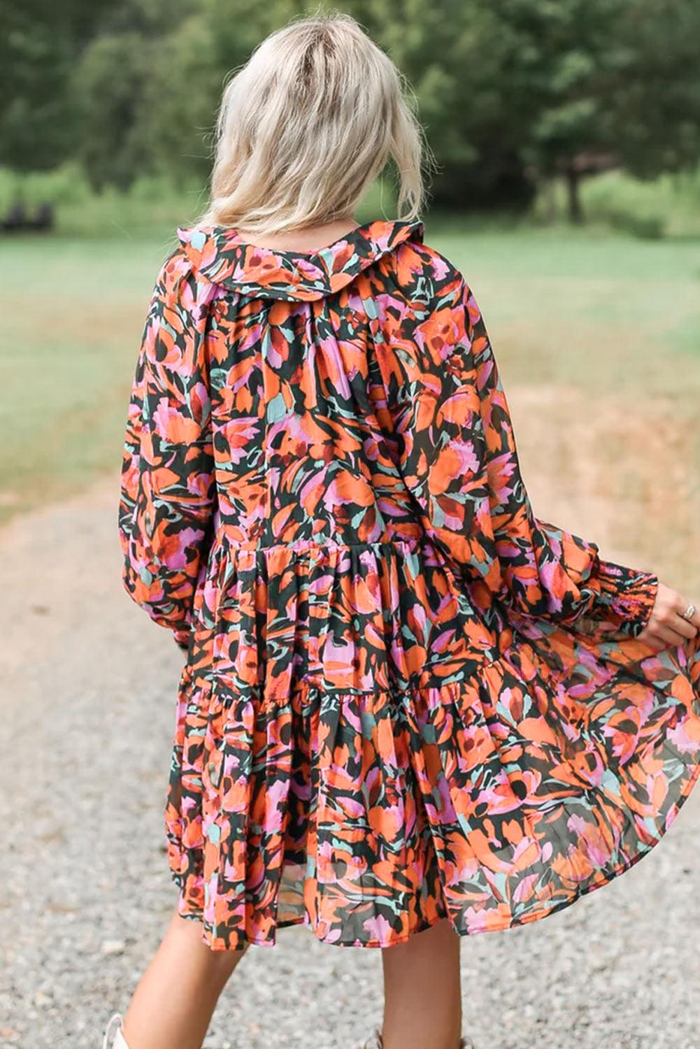 Gesmokte Mini Jurk met Bisschopsmouwen en Kwastjes - Floral Dresses - Jurkjes.co