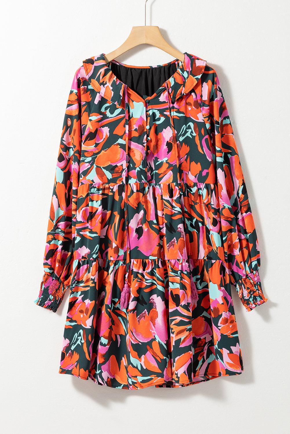 Gesmokte Mini Jurk met Bisschopsmouwen en Kwastjes - Floral Dresses - Jurkjes.co