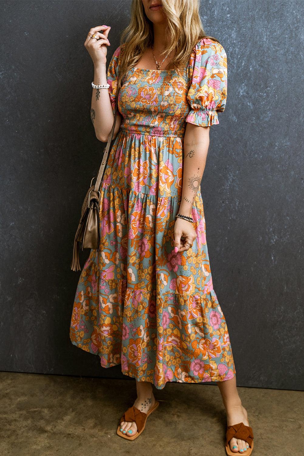 Gesmokte Taillejurk met Bloemen en Pofmouwen - Floral Dresses - Jurkjes.co