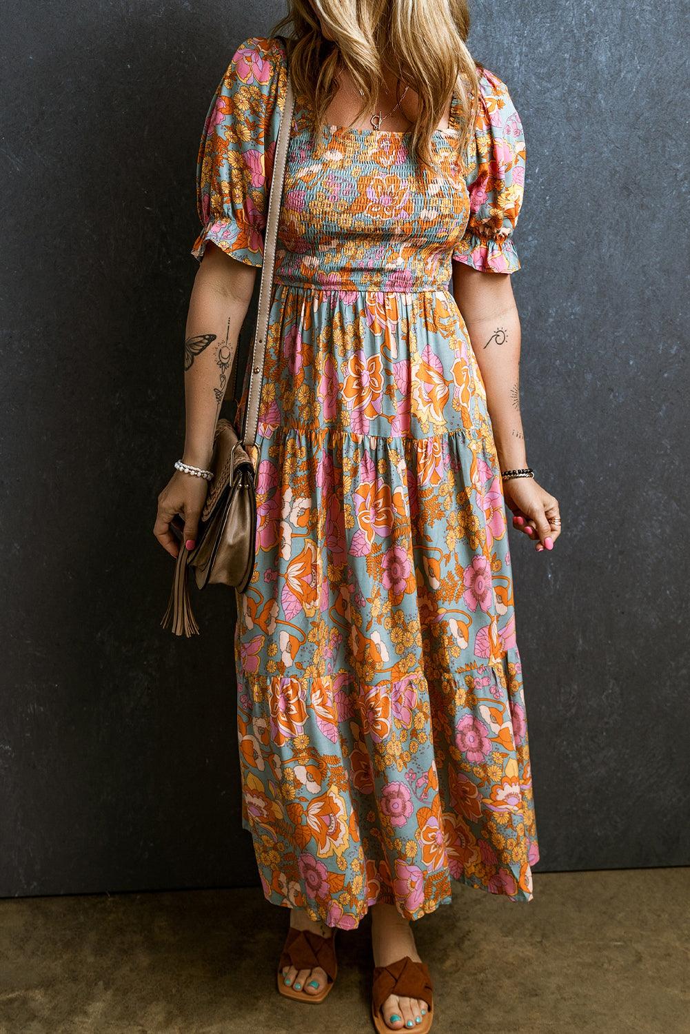 Gesmokte Taillejurk met Bloemen en Pofmouwen - Floral Dresses - Jurkjes.co