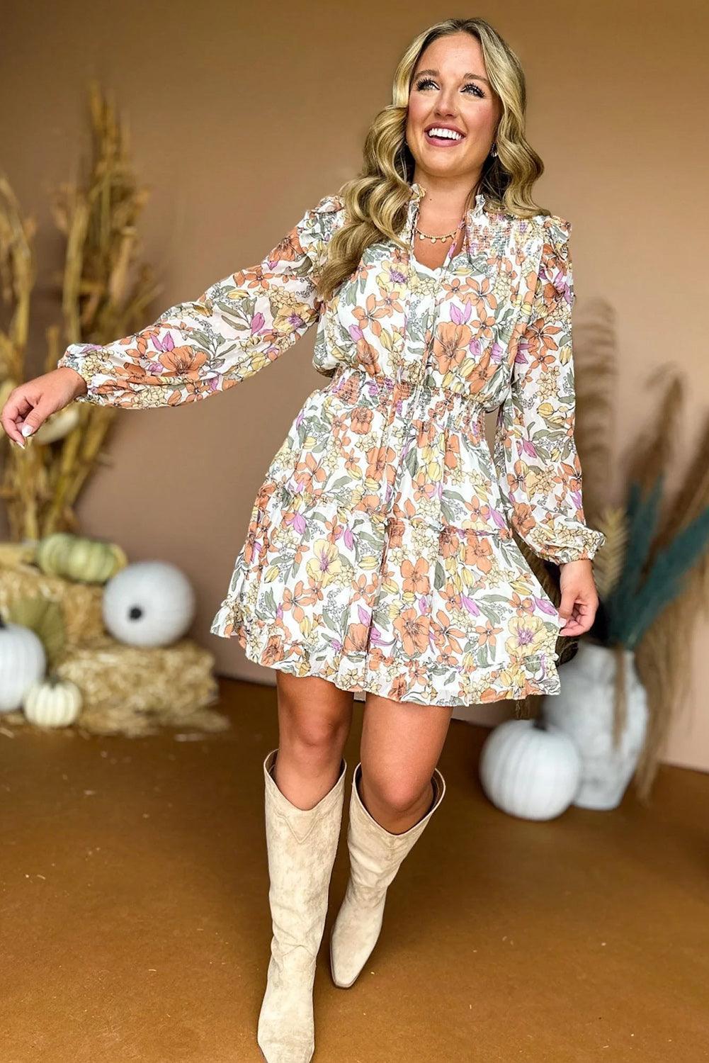 Gesmokte Taillejurk met Ruches en Bloemen - Floral Dresses - Jurkjes.co