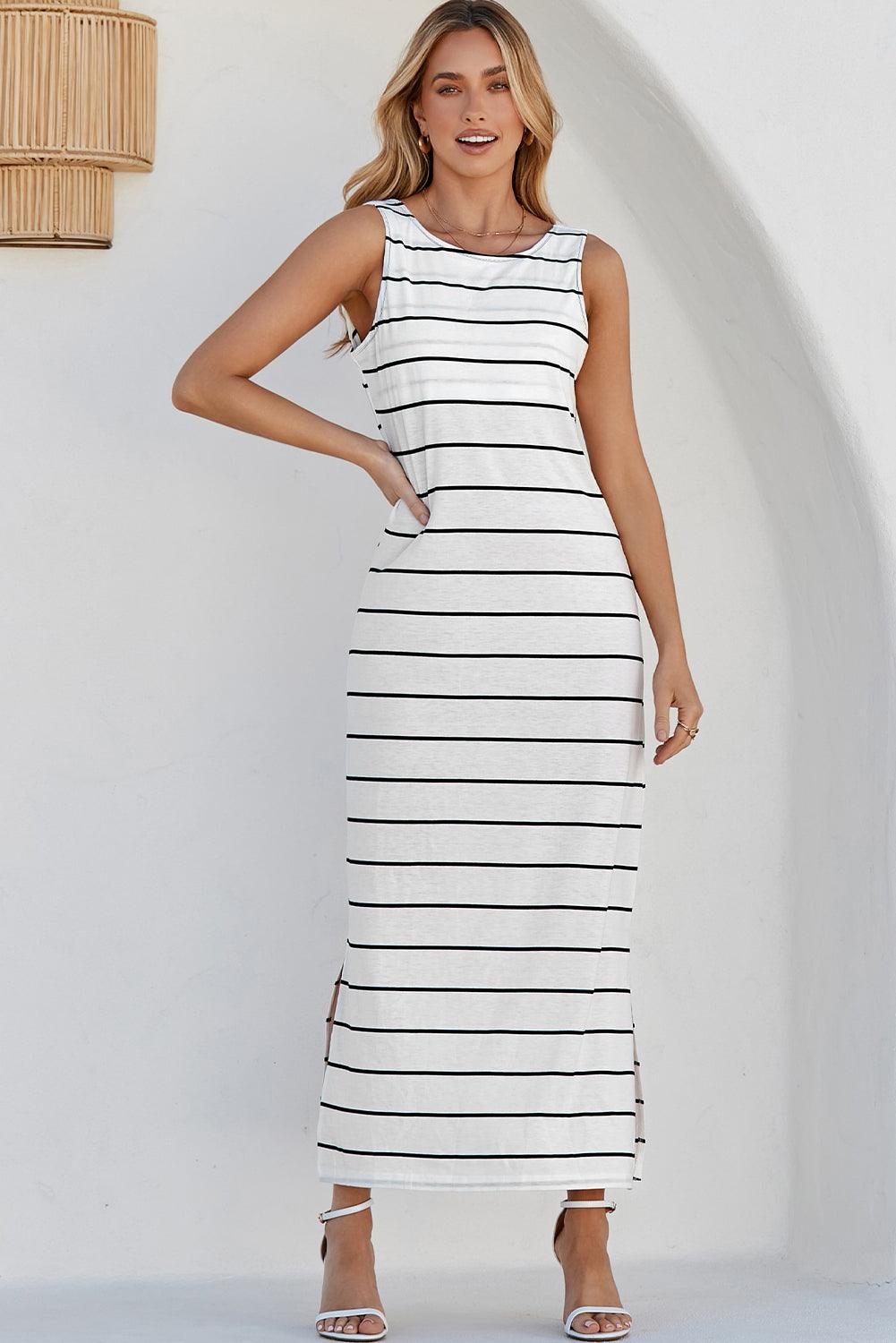 Gestreepte Maxi-Jurk met Open Rug en Split - Maxi Dresses - Jurkjes.co