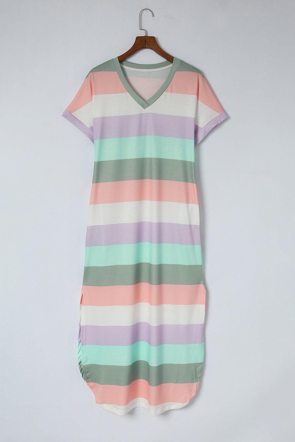 Gestreepte Midi-Jurk met Split & Zakken - T Shirt Dresses - Jurkjes.co