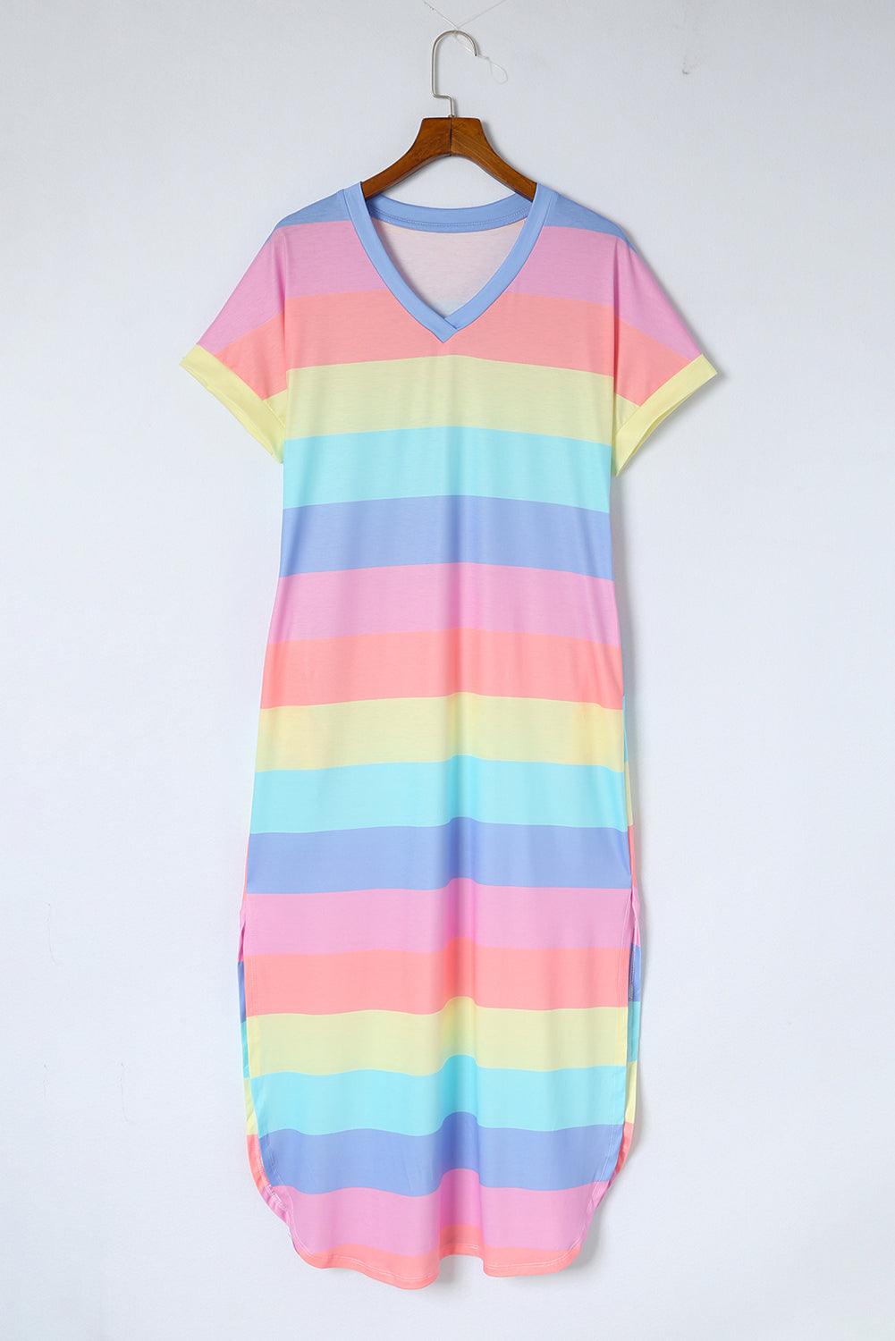 Gestreepte Midi-Jurk met V-Hals en Zakken - T Shirt Dresses - Jurkjes.co