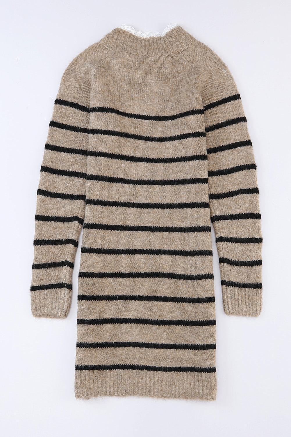 Gestreepte Mini Jurk met Kanten Hals - Sweater Dresses - Jurkjes.co