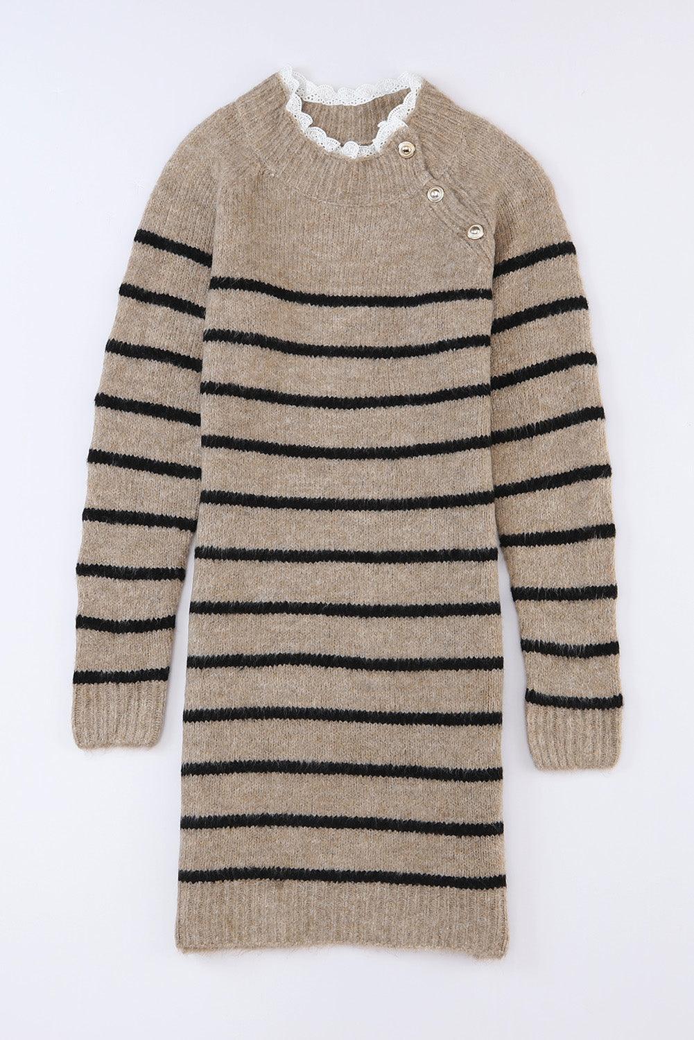 Gestreepte Mini Jurk met Kanten Hals - Sweater Dresses - Jurkjes.co