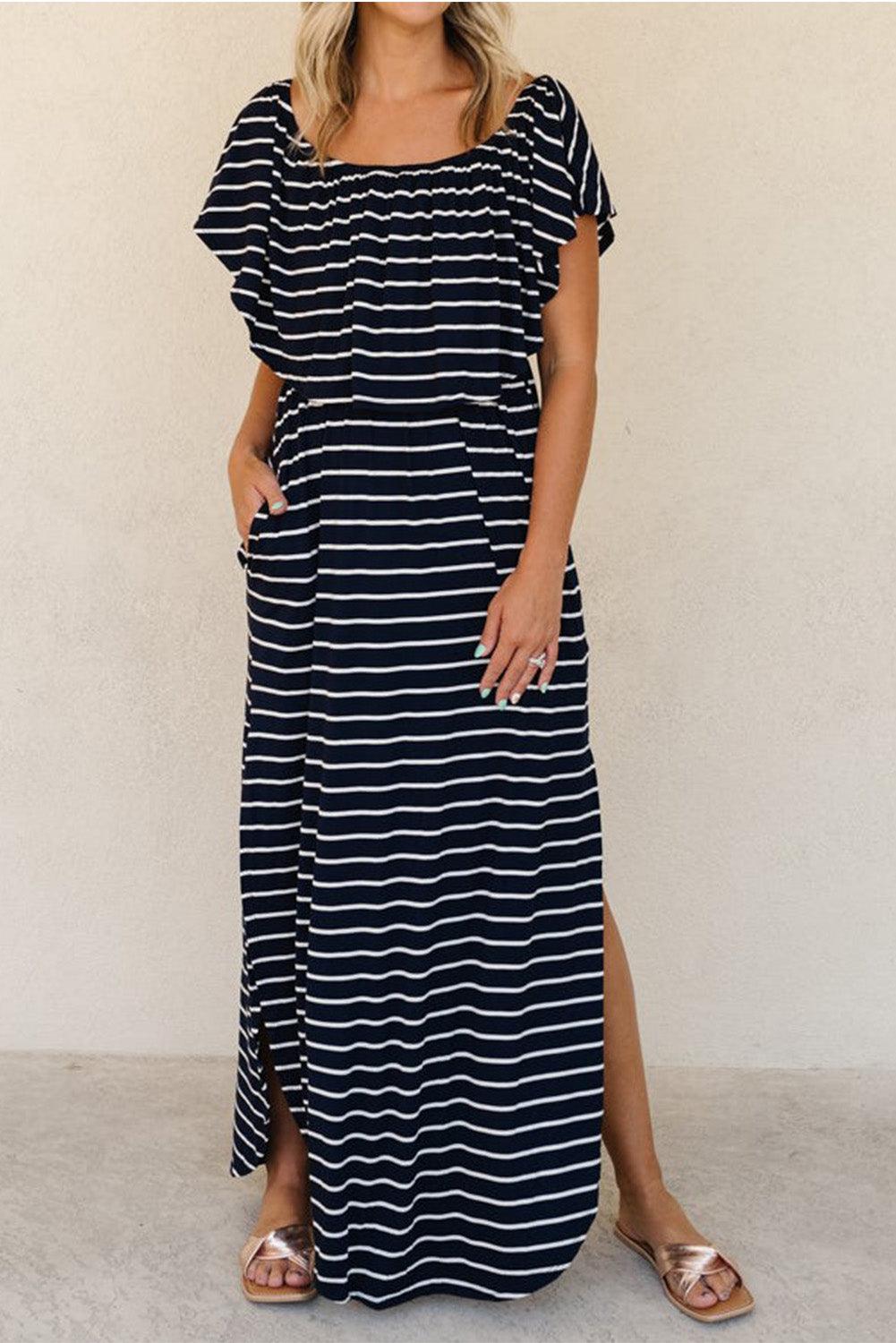 Gestreepte Ruches Maxi-Jurk met Split - Maxi Dresses - Jurkjes.co