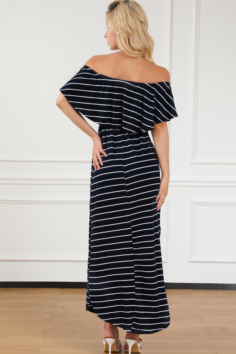 Gestreepte Ruches Maxi-Jurk met Split - Maxi Dresses - Jurkjes.co