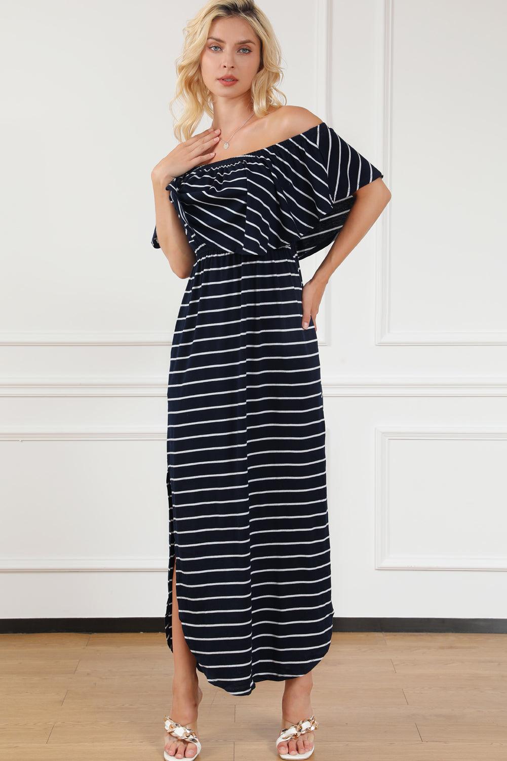 Gestreepte Ruches Maxi-Jurk met Split - Maxi Dresses - Jurkjes.co