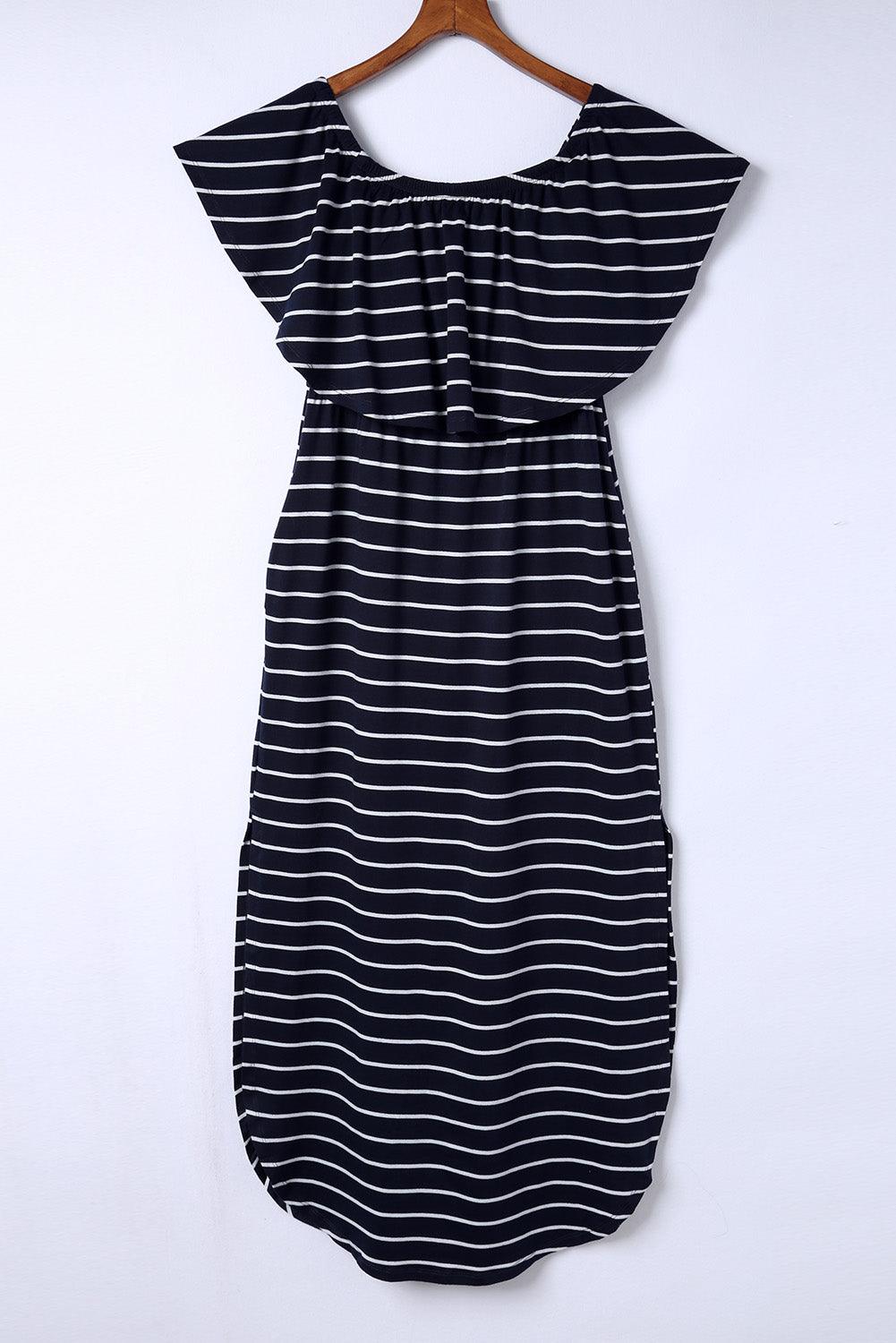 Gestreepte Ruches Maxi-Jurk met Split - Maxi Dresses - Jurkjes.co