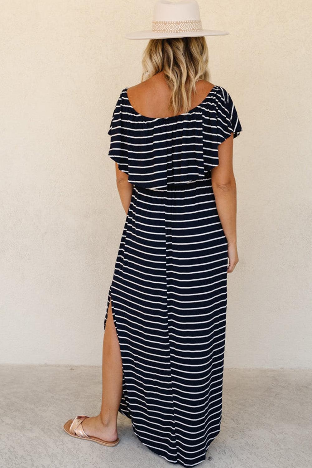 Gestreepte Ruches Maxi-Jurk met Split - Maxi Dresses - Jurkjes.co