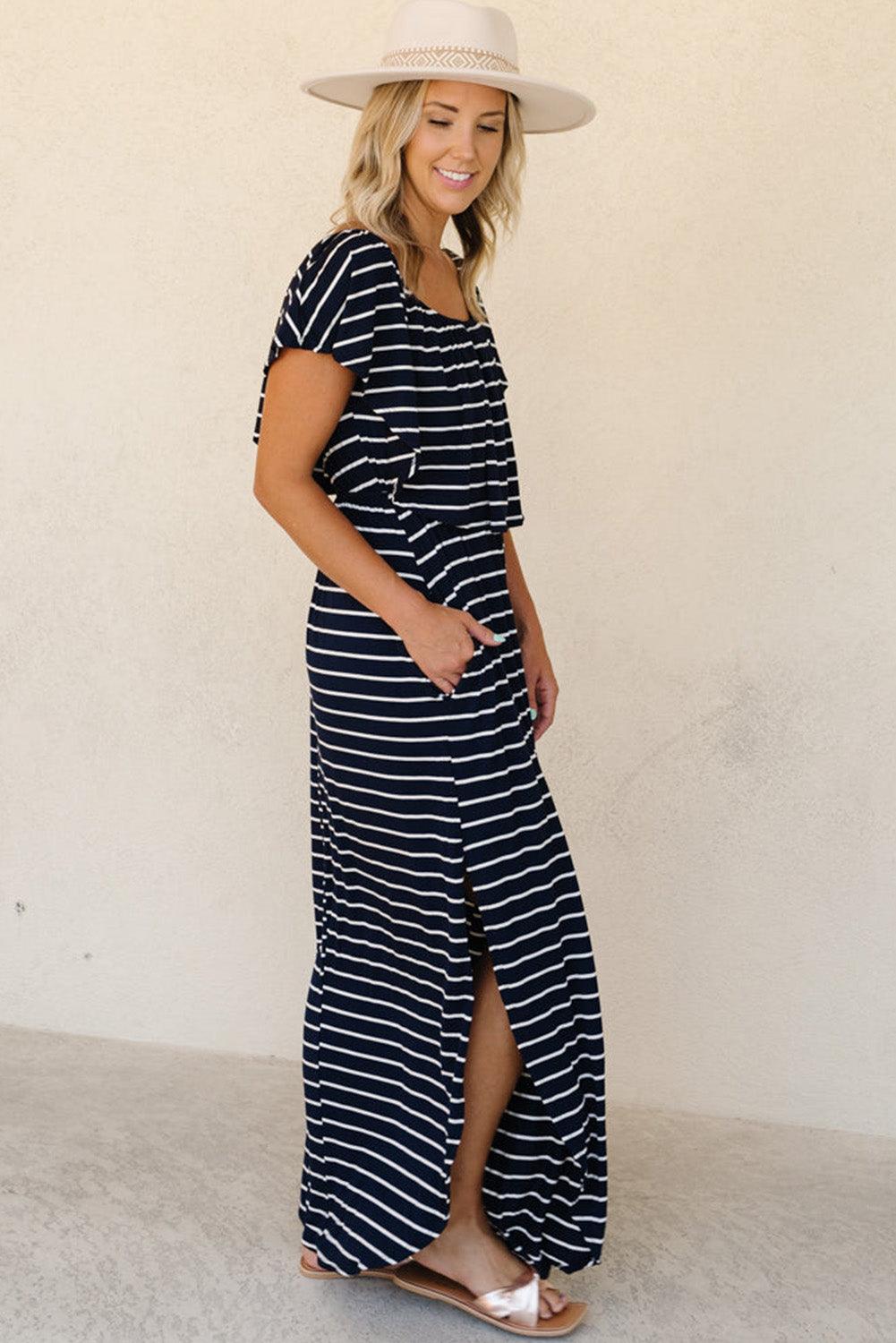 Gestreepte Ruches Maxi-Jurk met Split - Maxi Dresses - Jurkjes.co