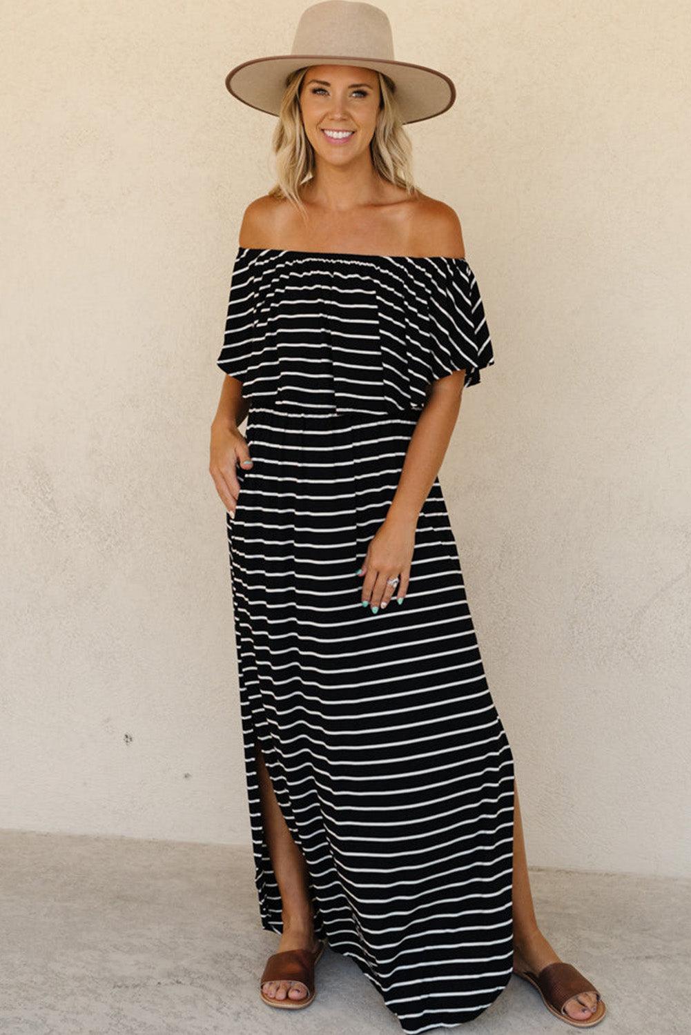 Gestreepte Ruches Maxi-Jurk met Split - Maxi Dresses - Jurkjes.co