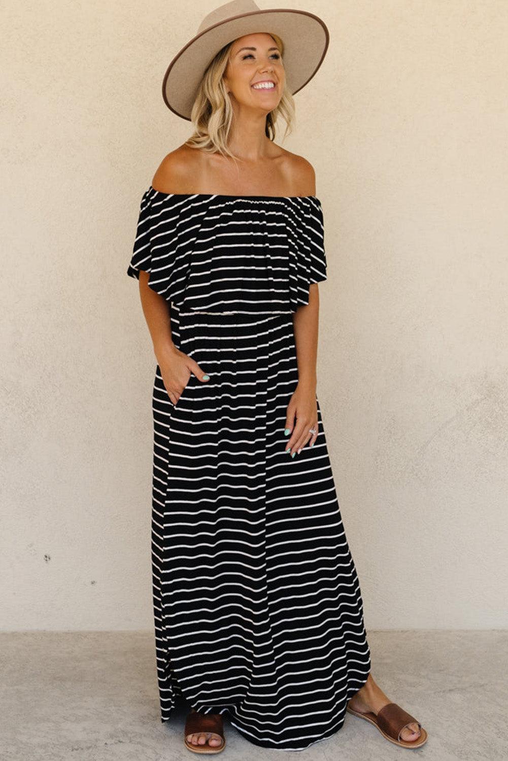 Gestreepte Ruches Maxi-Jurk met Split - Maxi Dresses - Jurkjes.co