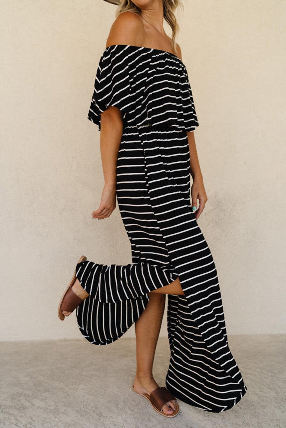 Gestreepte Ruches Maxi-Jurk met Split - Maxi Dresses - Jurkjes.co