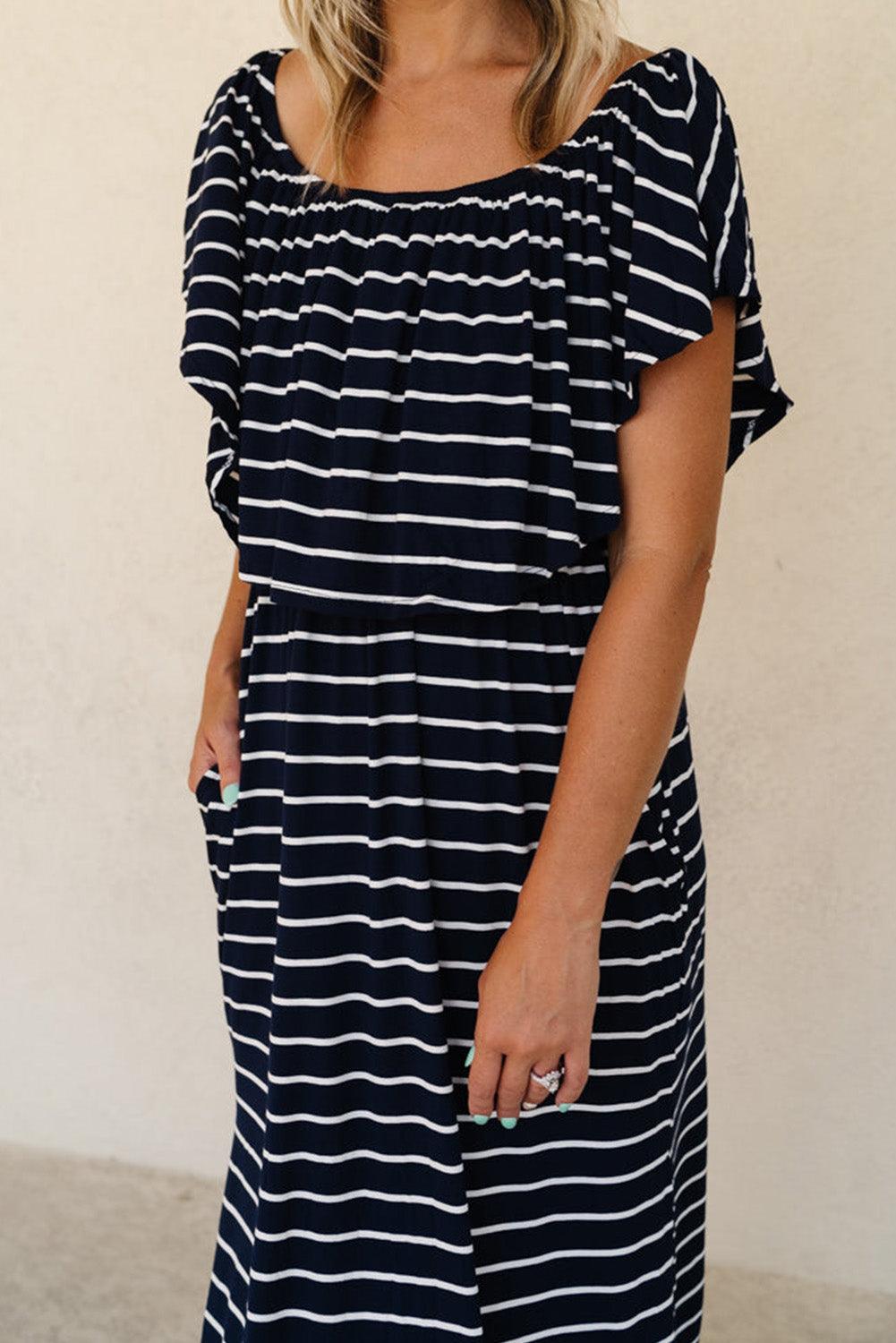 Gestreepte Ruches Maxi-Jurk met Split - Maxi Dresses - Jurkjes.co