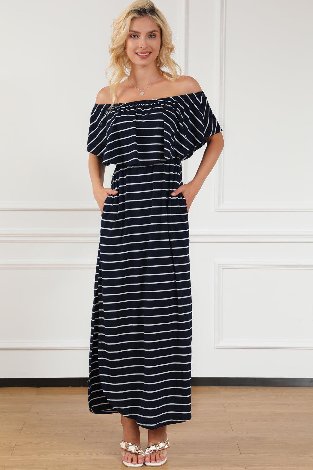 Gestreepte Ruches Maxi-Jurk met Split - Maxi Dresses - Jurkjes.co