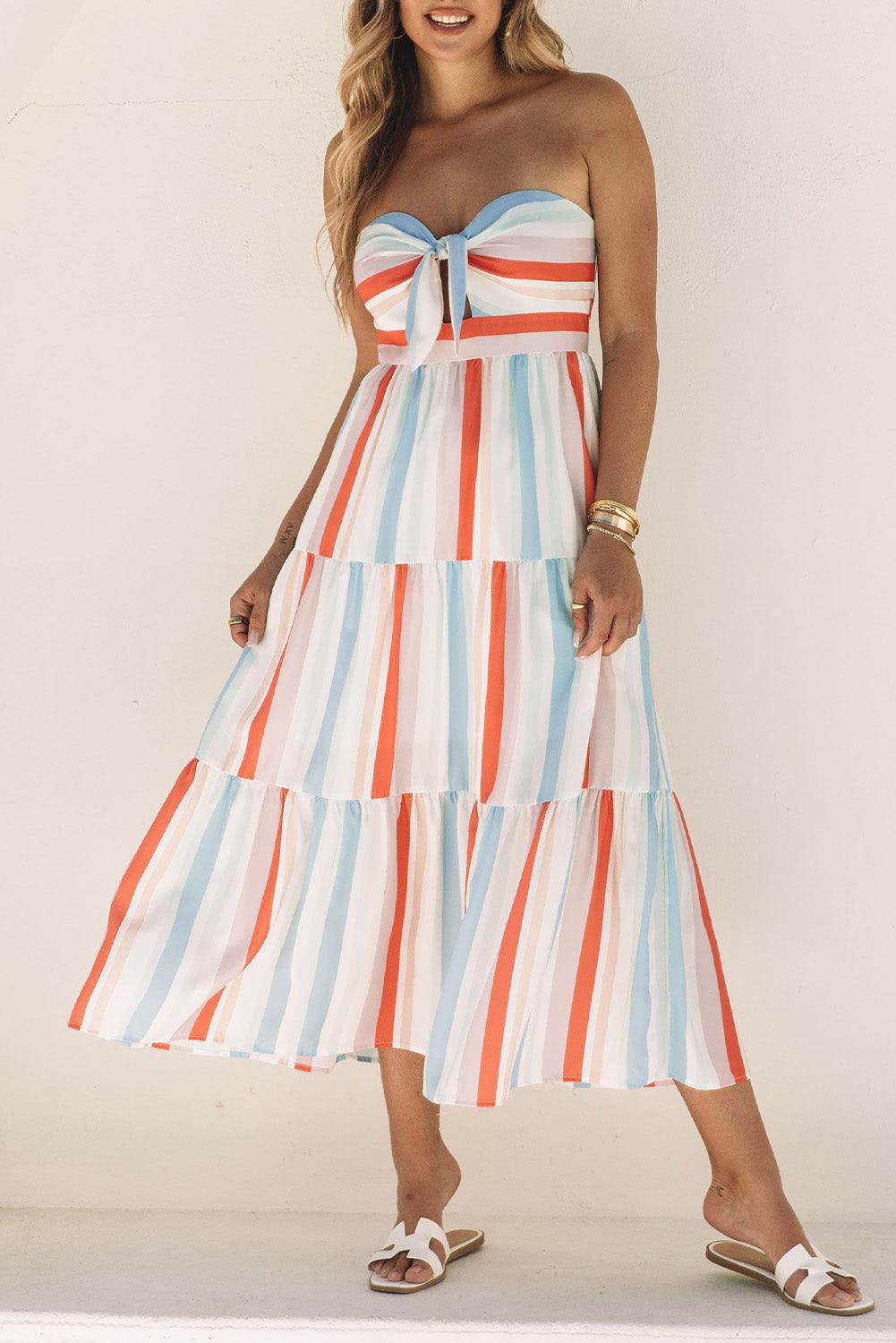 Gestreepte Strapless Maxi-Jurk met Tiers - Maxi Dresses - Jurkjes.co