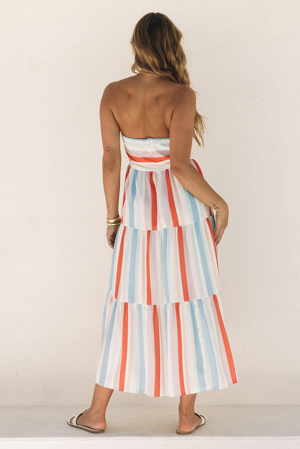 Gestreepte Strapless Maxi-Jurk met Tiers - Maxi Dresses - Jurkjes.co