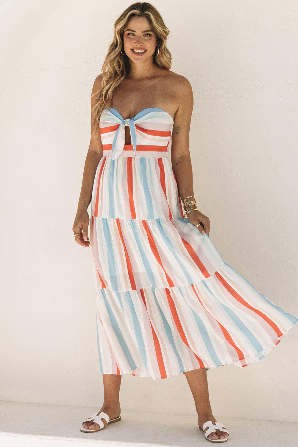 Gestreepte Strapless Maxi-Jurk met Tiers - Maxi Dresses - Jurkjes.co