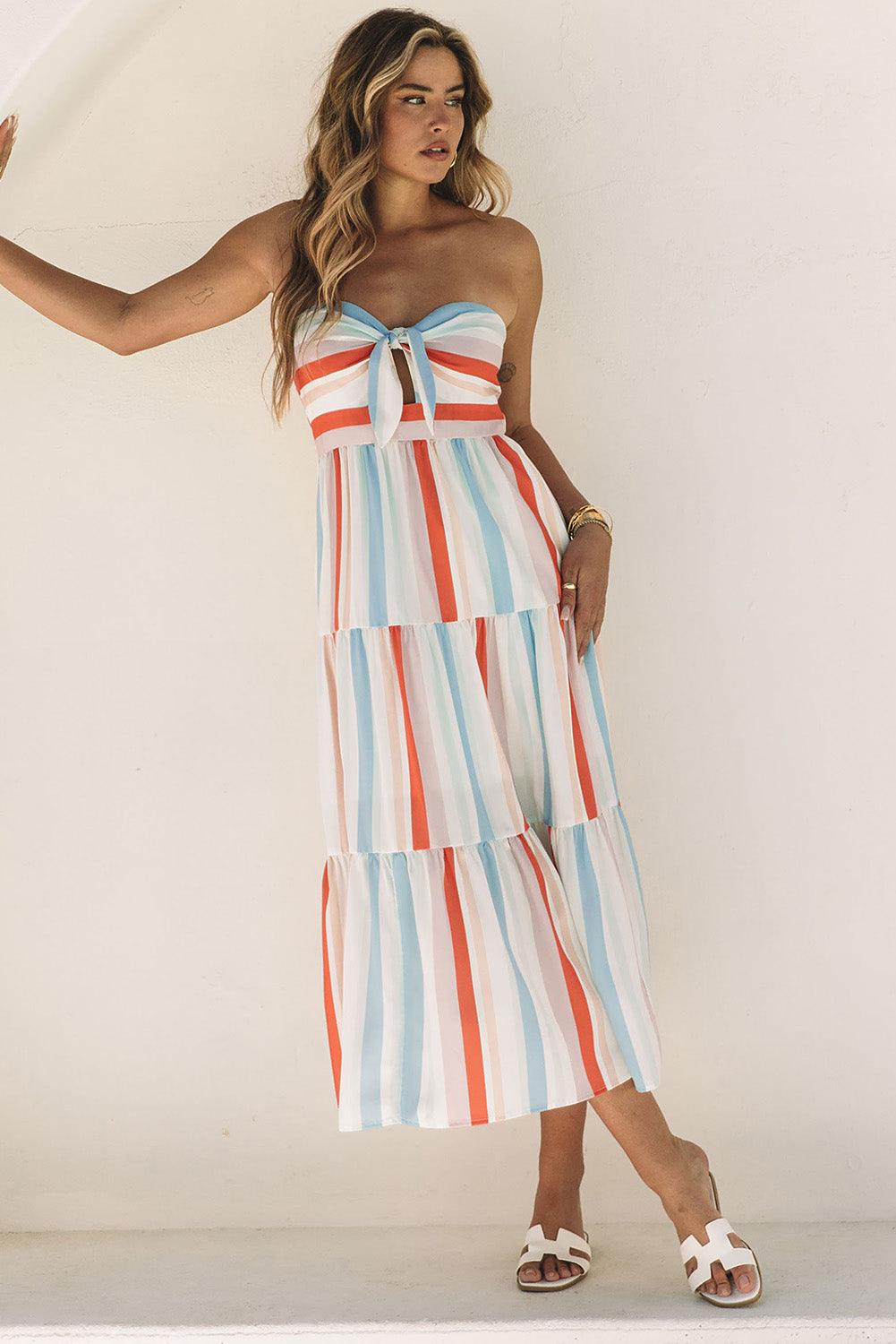 Gestreepte Strapless Maxi-Jurk met Tiers - Maxi Dresses - Jurkjes.co