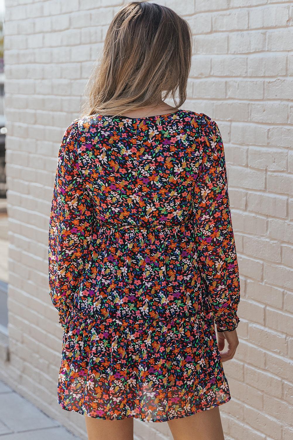 Gewikkelde V-Hals Lange Mouwen Jurk - Floral Dresses - Jurkjes.co