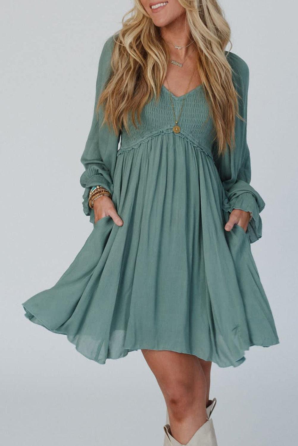 Groene Geplooide Jurk met Ruches en Ballonmouwen - Mini Dresses - Jurkjes.co