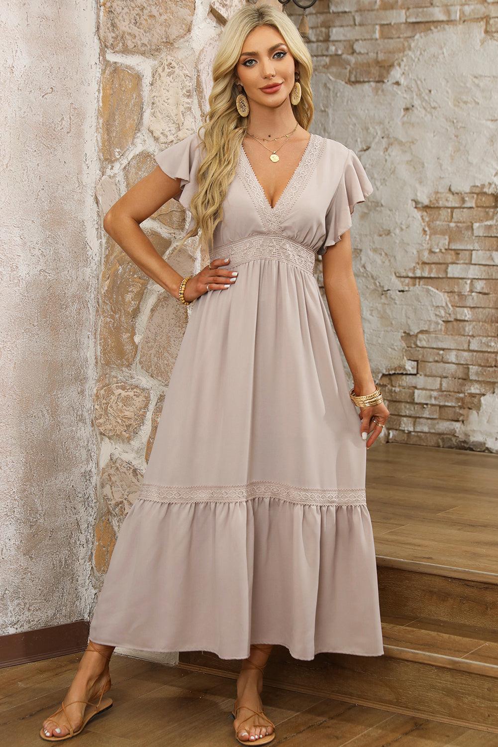 Havermout Kant V-hals Jurk met Ruches - Maxi Dresses - Jurkjes.co