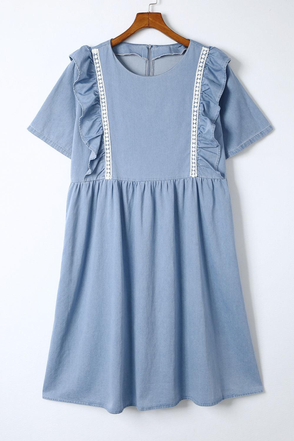 Hemelsblauwe Chambray Midi-Jurk met Ruches - Midi Dresses - Jurkjes.co