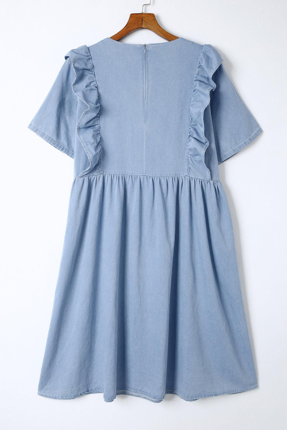 Hemelsblauwe Chambray Midi-Jurk met Ruches - Midi Dresses - Jurkjes.co