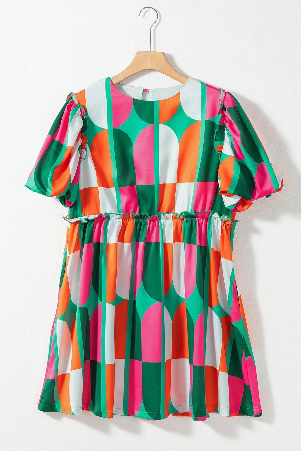 Jurk met Abstracte Print en Pofmouw - Mini Dresses - Jurkjes.co