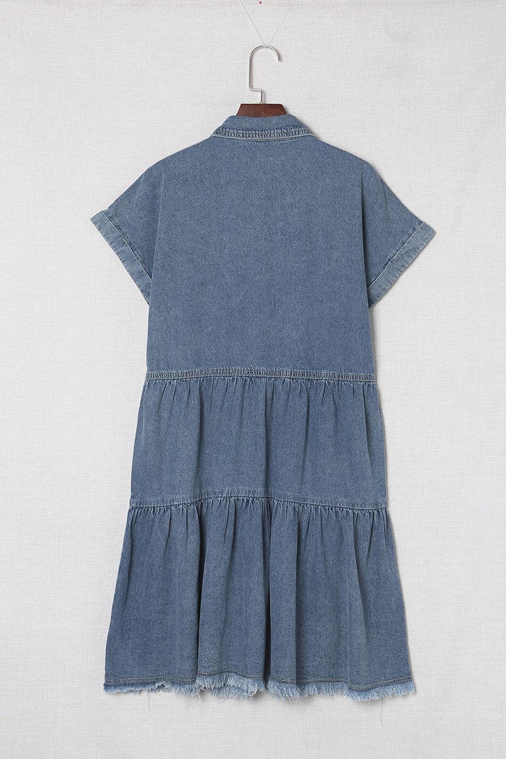 Knoopsluiting Denim Jurk met Rafelzak - Mini Dresses - Jurkjes.co