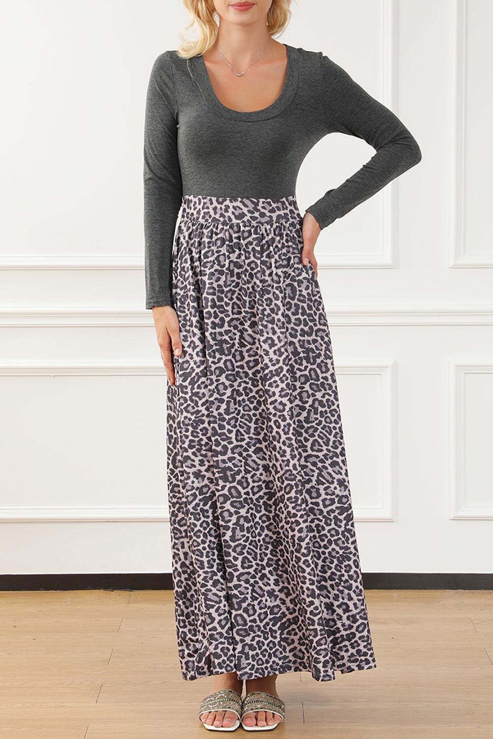 Lange Mouwen Strakke Bodice Panterprint Maxi-Jurk - Maxi Dresses - Jurkjes.co