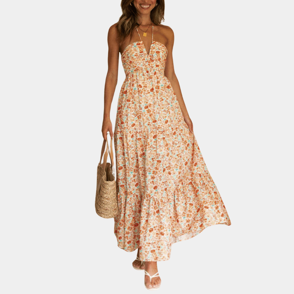 Maxi Jurk met Bloemenprint en Halternek - CB - Dresses - Jurkjes.co