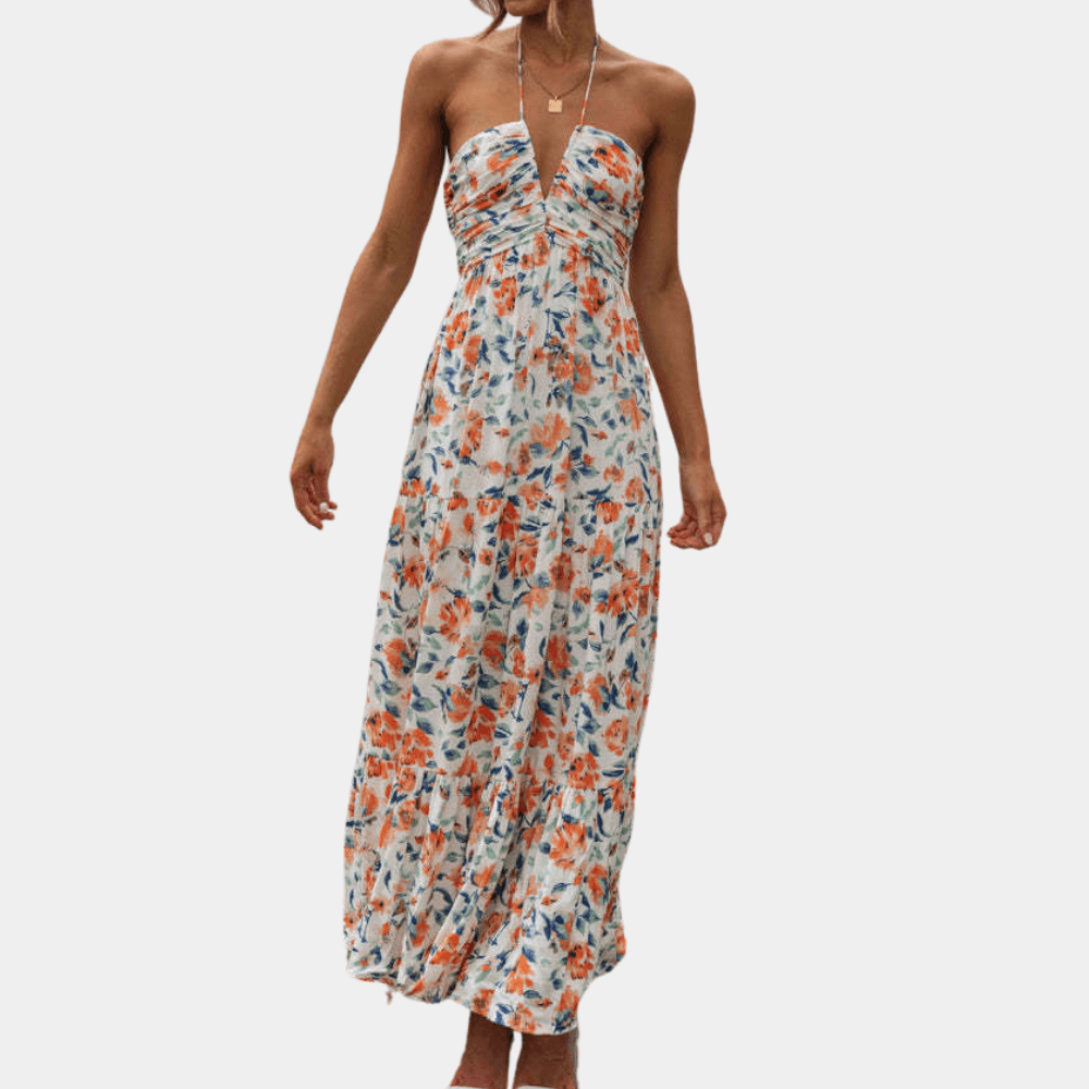 Maxi Jurk met Bloemenprint en Halternek - CB - Dresses - Jurkjes.co