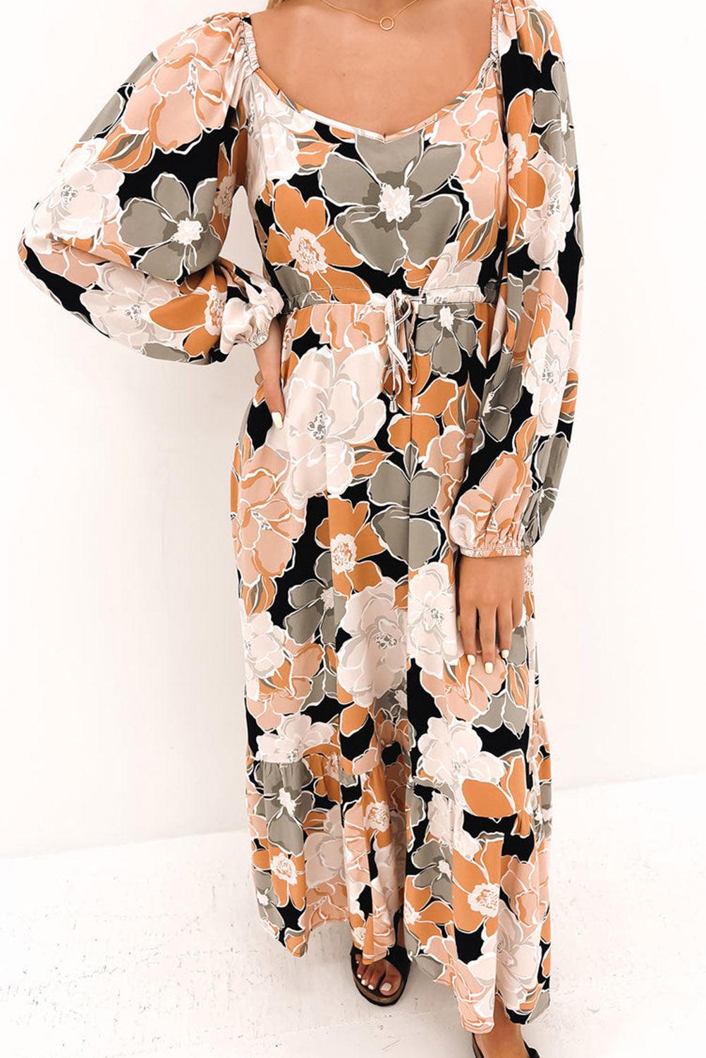 Maxi-jurk met Strikceintuur en Pofmouwen - Floral Dresses - Jurkjes.co